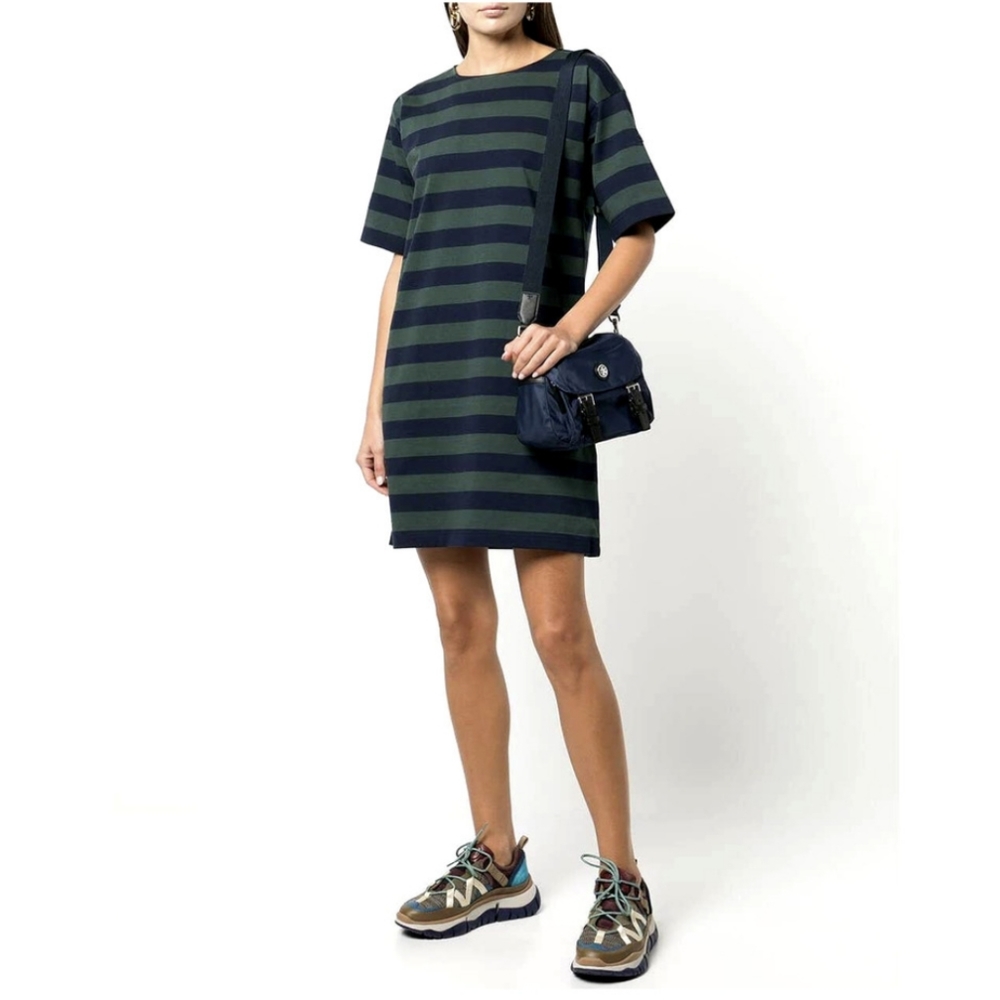 TORY BURCH Jersey Striped Tee Shirt Green Navy Blue Short Sleeve Dress Small
